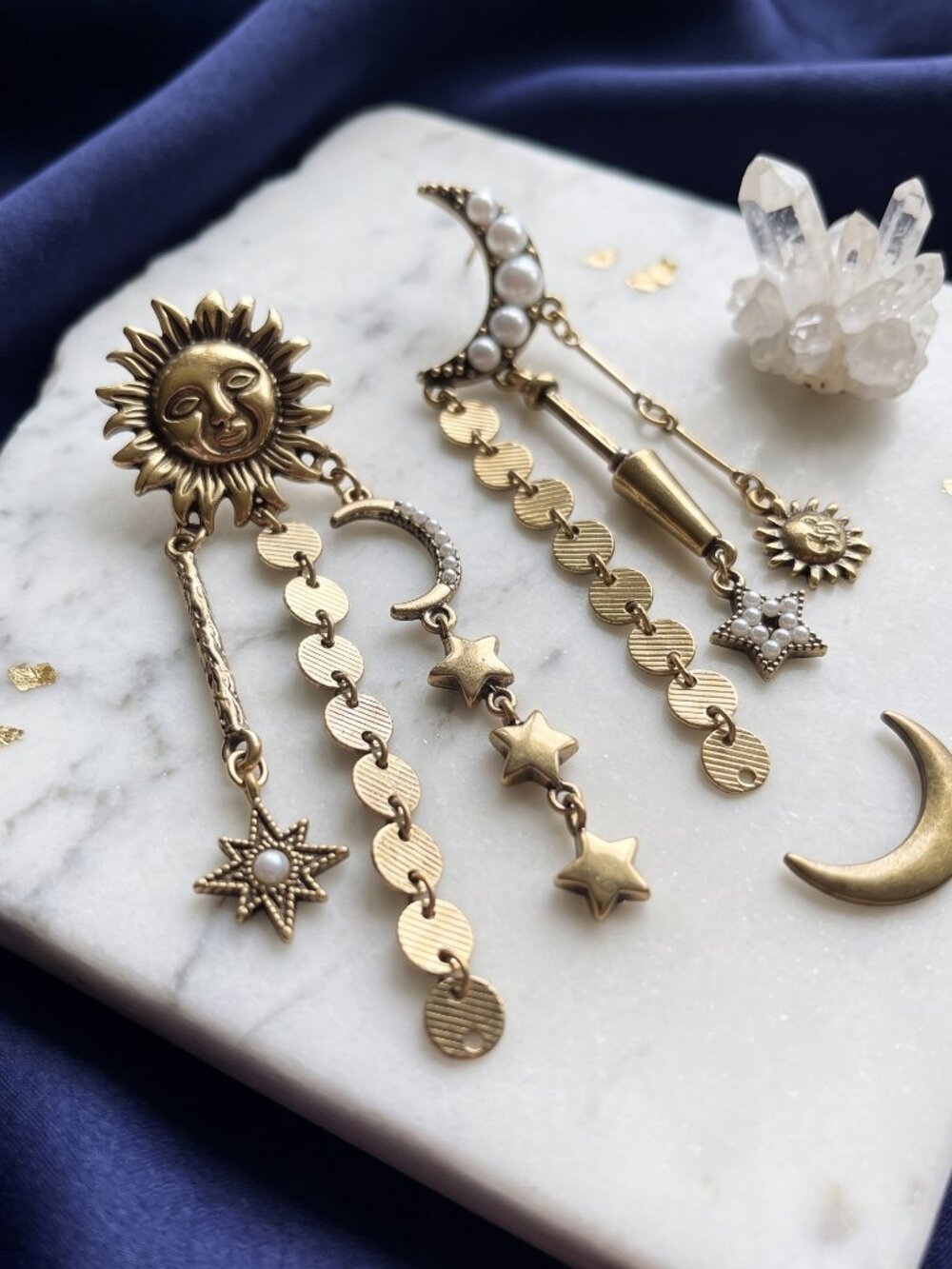 Asymmetric Celestial Sun Moon Dangle Earrings Antique Gold Resin Witchy 3.7in